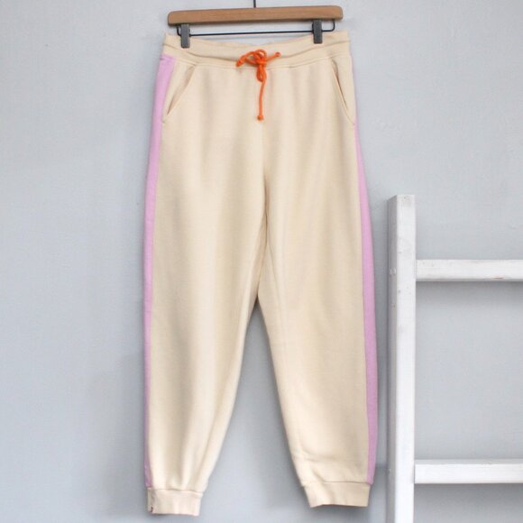 LEGO Womens Drawstring Track Pants Joggers Cream Pink Stripe Pockets Size Medium - Picture 2 of 6